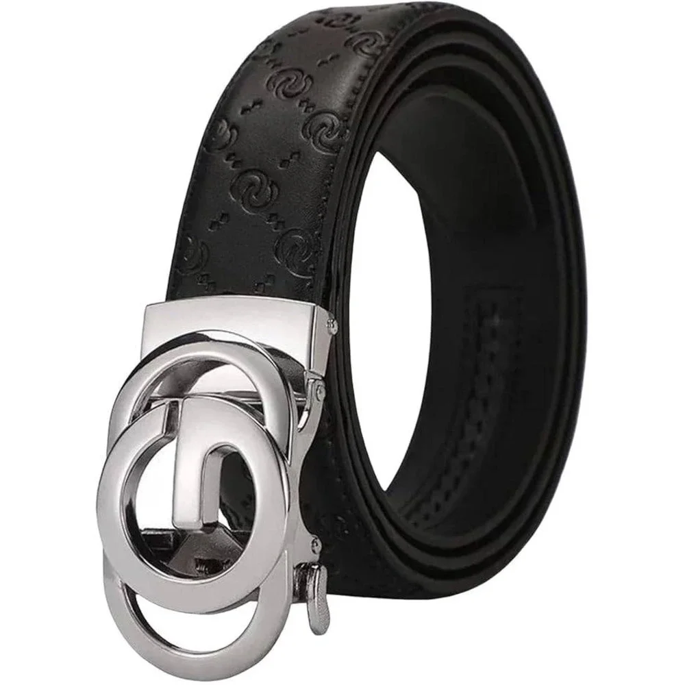 Men's Ratchet Designer Black Leather Belts with Automatic Silver G Letter Buckle